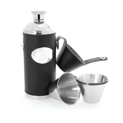8oz Black Leather & Stainless Steel Hip Flask with Engraving Plate Personalised