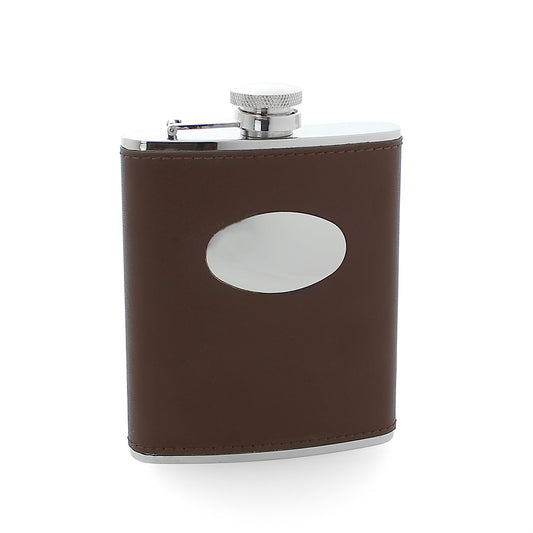 6oz Stainless Steel & Brown Leather Hip Flask with Engraving Plate