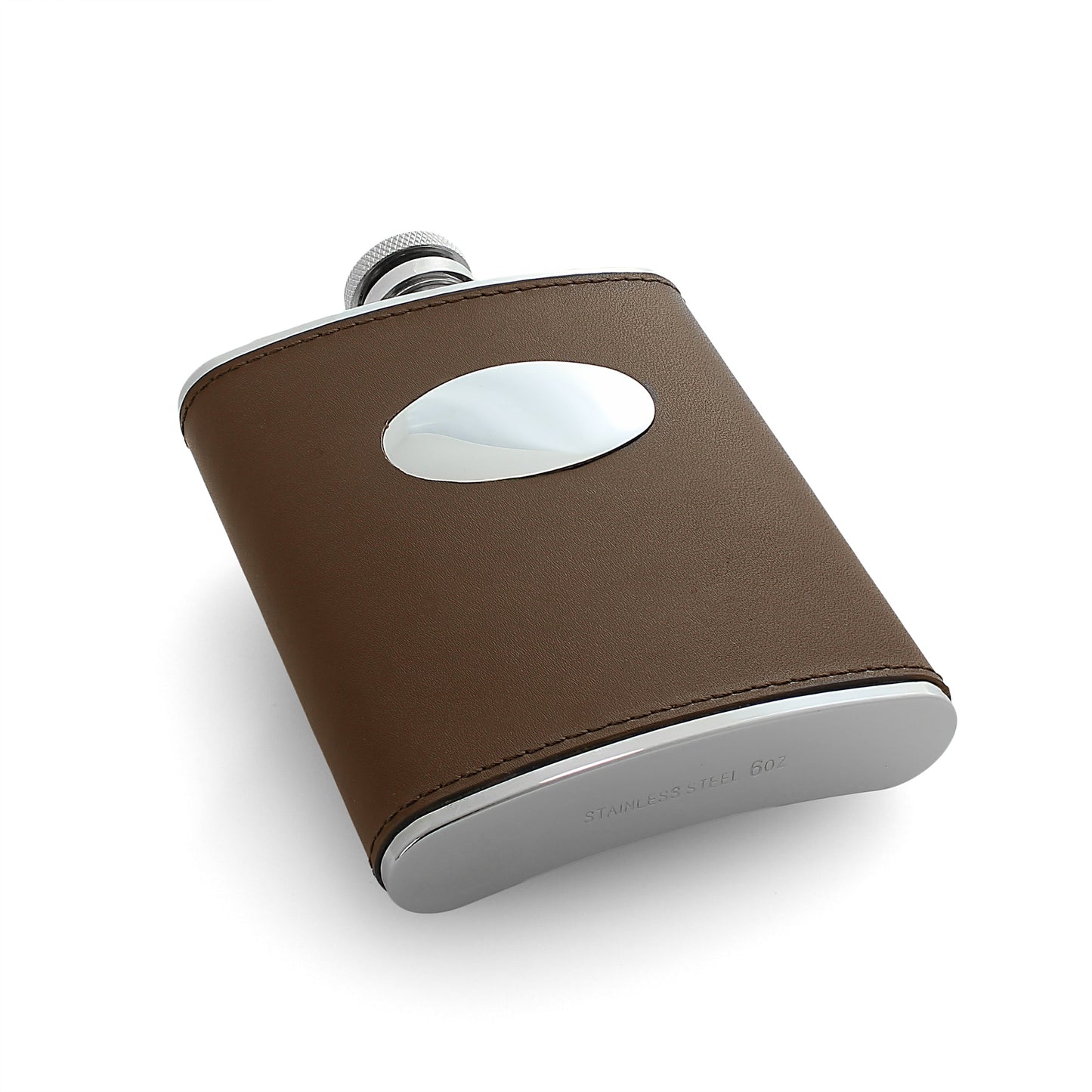 6oz Stainless Steel & Brown Leather Hip Flask with Engraving Plate