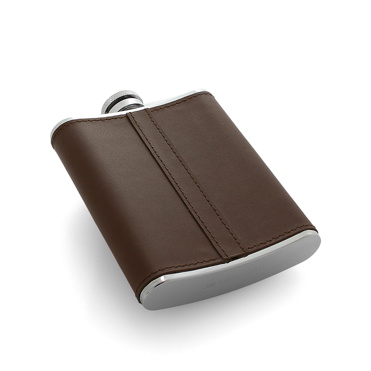 6oz Stainless Steel & Brown Leather Hip Flask with Engraving Plate