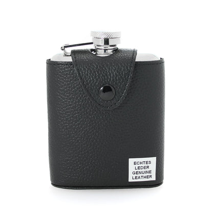 6oz Black Leather & Stainless Steel Captive Top Hip Flask w Stainless Steel Funnel