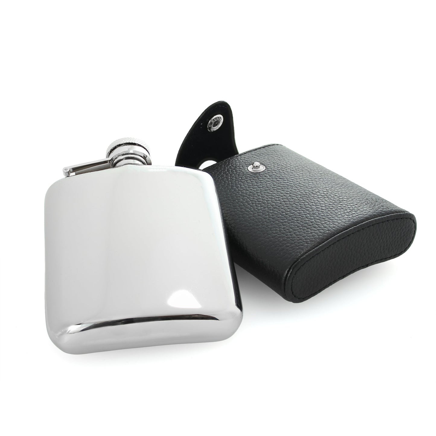 6oz Black Leather & Stainless Steel Captive Top Hip Flask w Stainless Steel Funnel