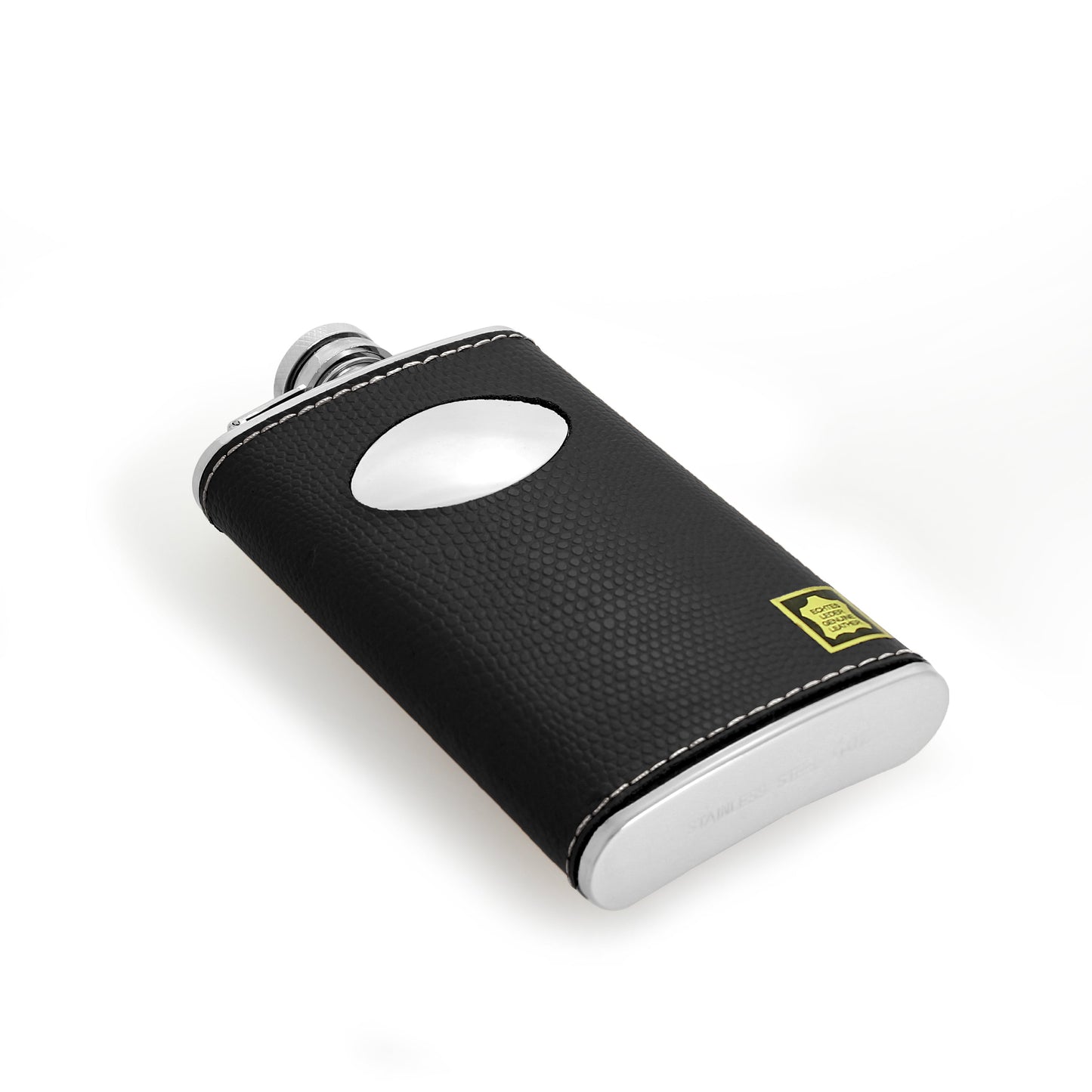 4oz Stainless Steel & Genuine Black Leather Engravable Hip Flask w Funnel