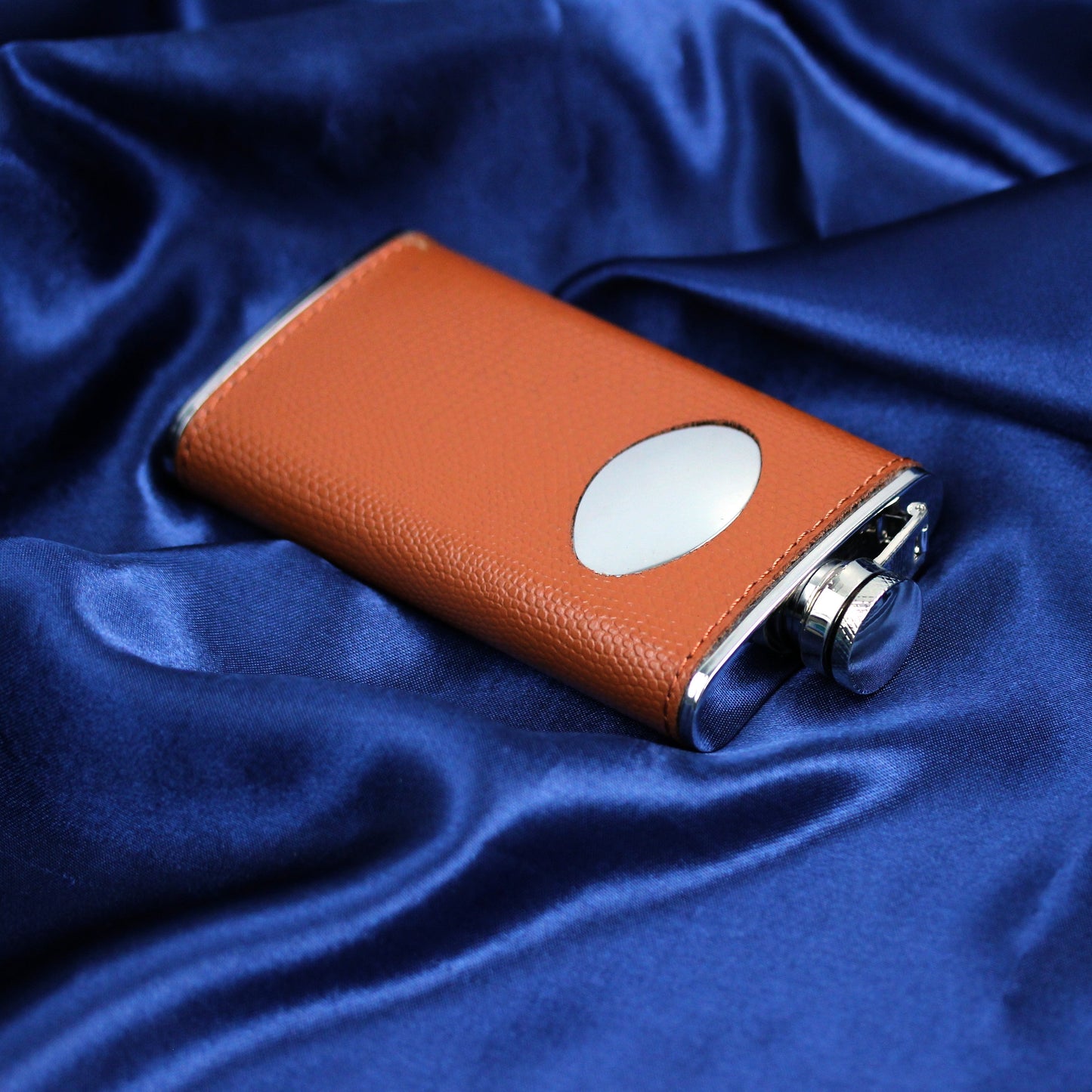 4oz Stainless Steel & Genuine Tan Leather Engravable Hip Flask w Funnel