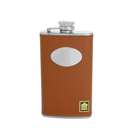 4oz Stainless Steel & Genuine Tan Leather Engravable Hip Flask w Funnel