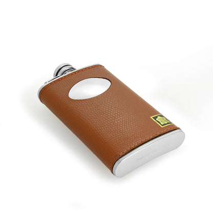 4oz Stainless Steel & Genuine Tan Leather Engravable Hip Flask w Funnel
