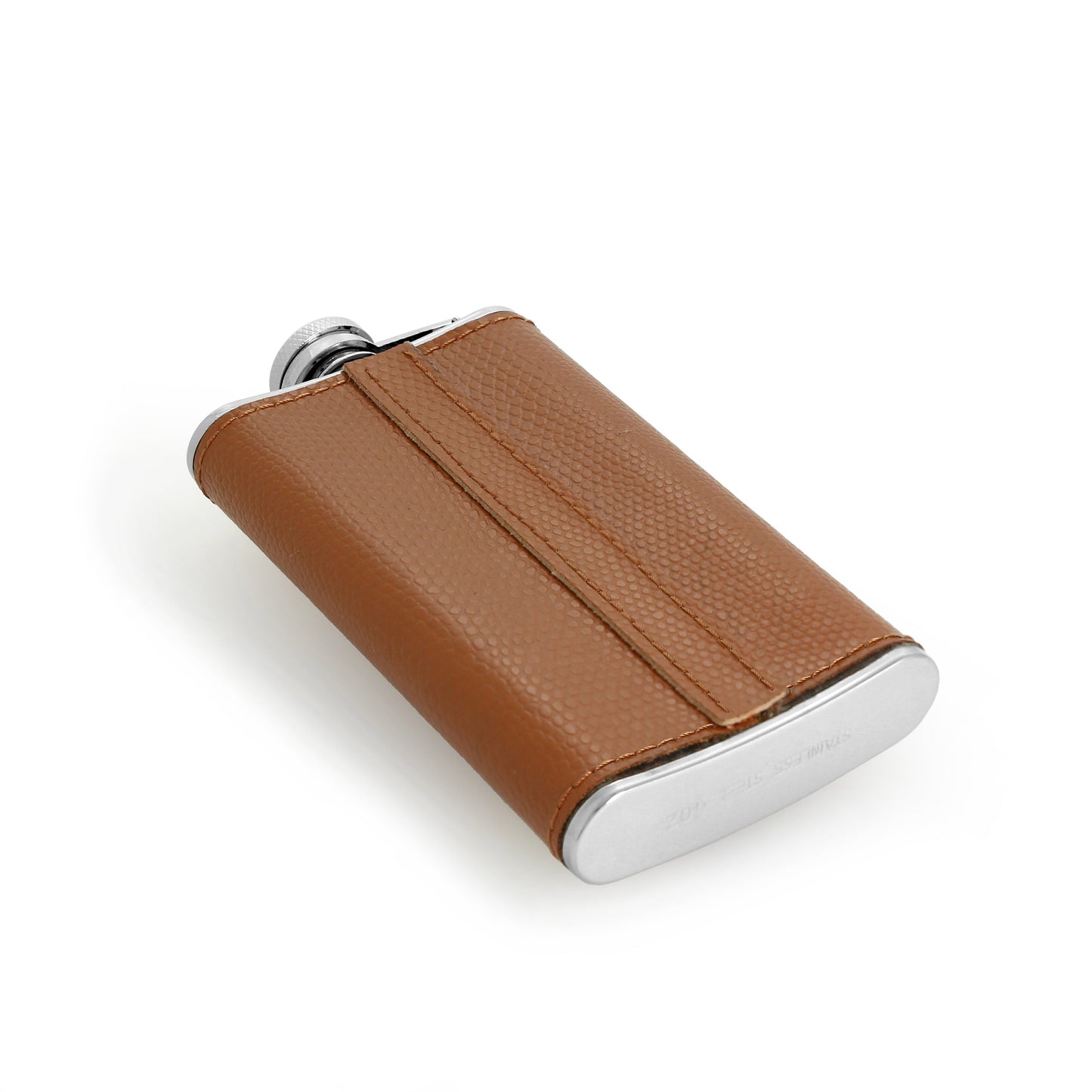 4oz Stainless Steel & Genuine Tan Leather Engravable Hip Flask w Funnel