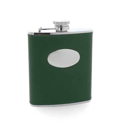 6oz Stainless Steel & Green Leather Hip Flask with Engraving Plate