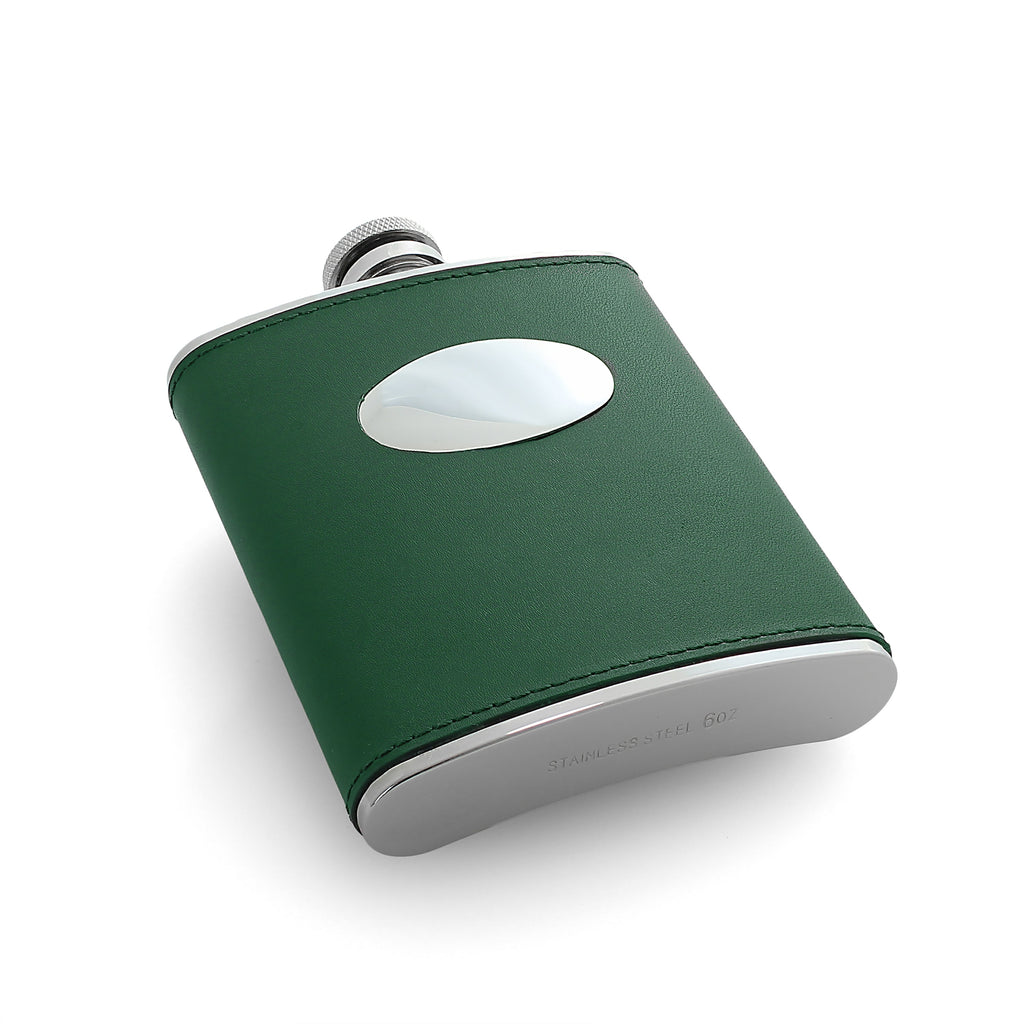 Green leather wrapped stainless steel hip flask