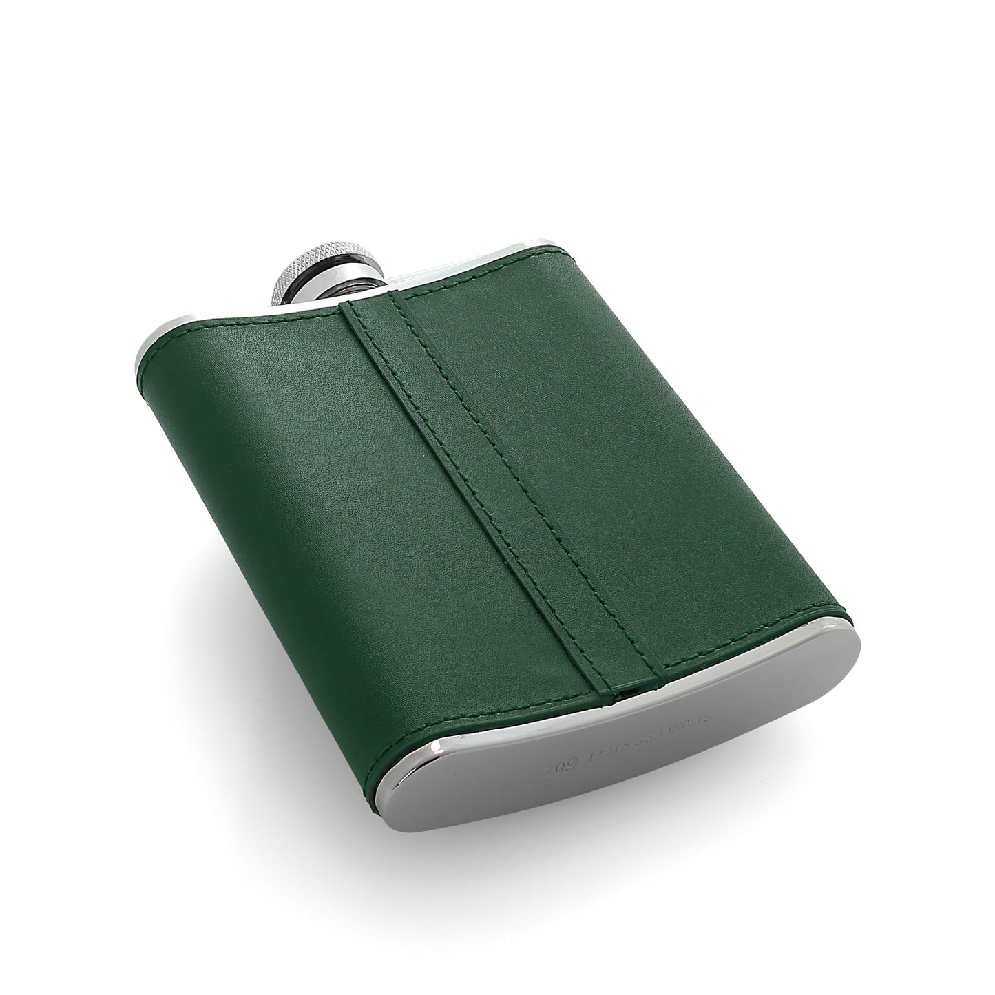 6oz Stainless Steel & Green Leather Hip Flask with Engraving Plate