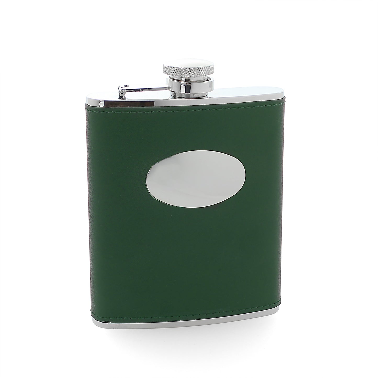 6oz Stainless Steel & Green Leather Hip Flask with Engraving Plate