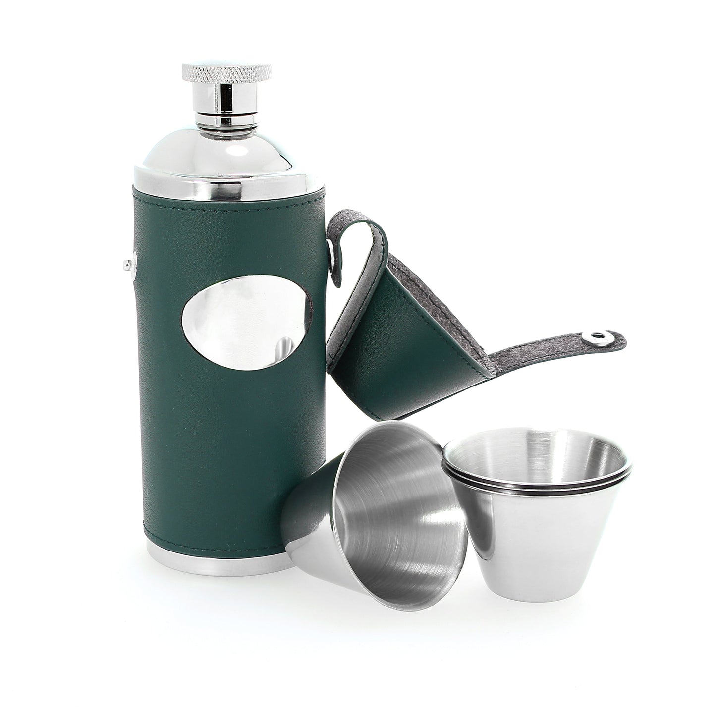 8oz Green Leather & Stainless Steel Hip Flask with Engraving Plate