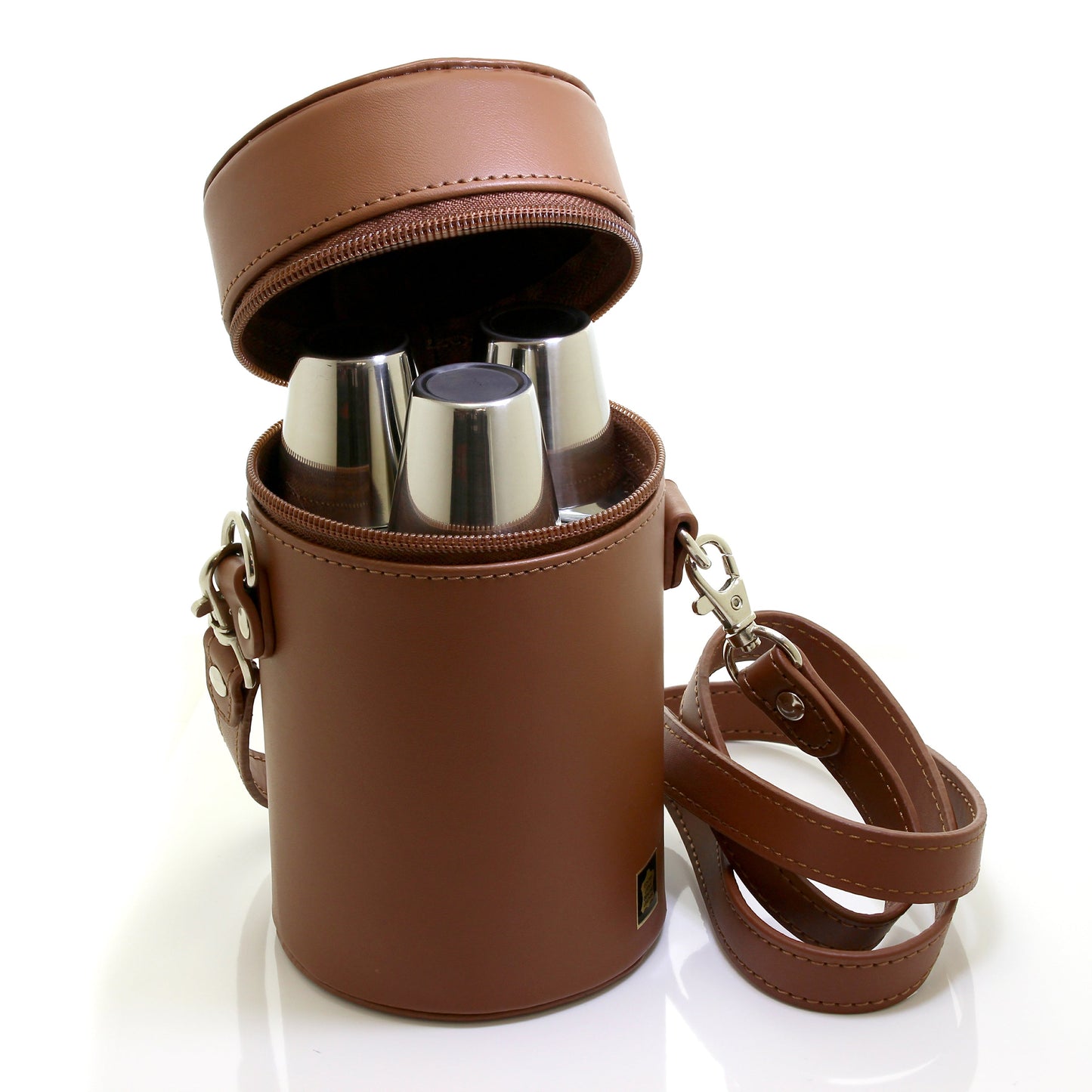 Set of 3 6oz Stainless Steel Hipflasks with Leather Travel Case and Nip Cups