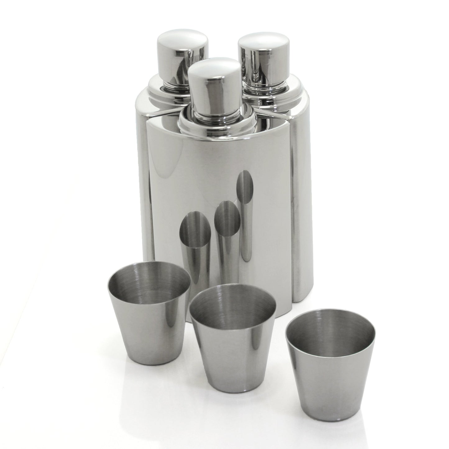Set of 3 6oz Stainless Steel Hipflasks with Leather Travel Case and Nip Cups