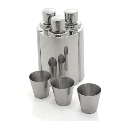 Set of 3 6oz Stainless Steel Hipflasks with Leather Travel Case and Nip Cups