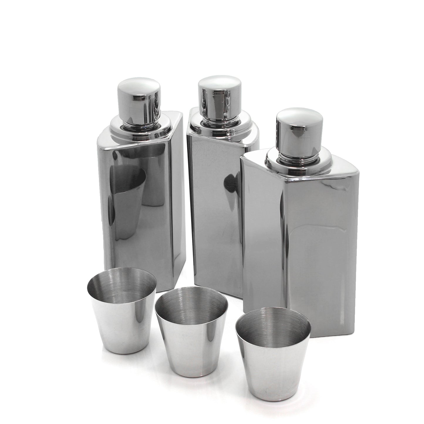 Set of 3 6oz Stainless Steel Hipflasks with Leather Travel Case and Nip Cups