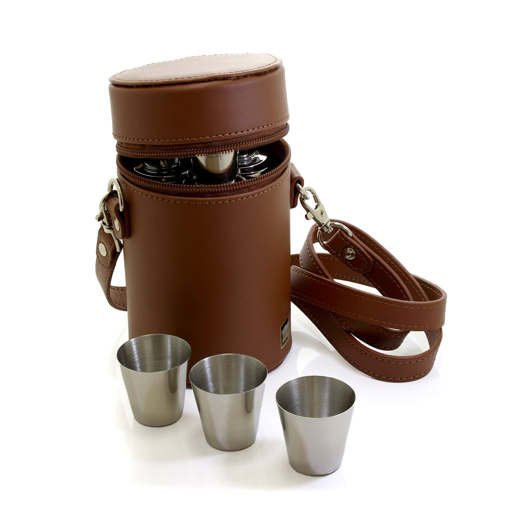 Leather travel case containing three 6oz stainless steel hip flasks and matching nip cups