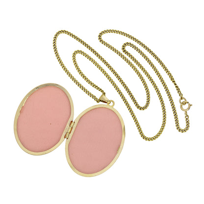 Large 9ct Gold Oval Locket w White Gold Floral Design on Chain 16 - 20 Inches