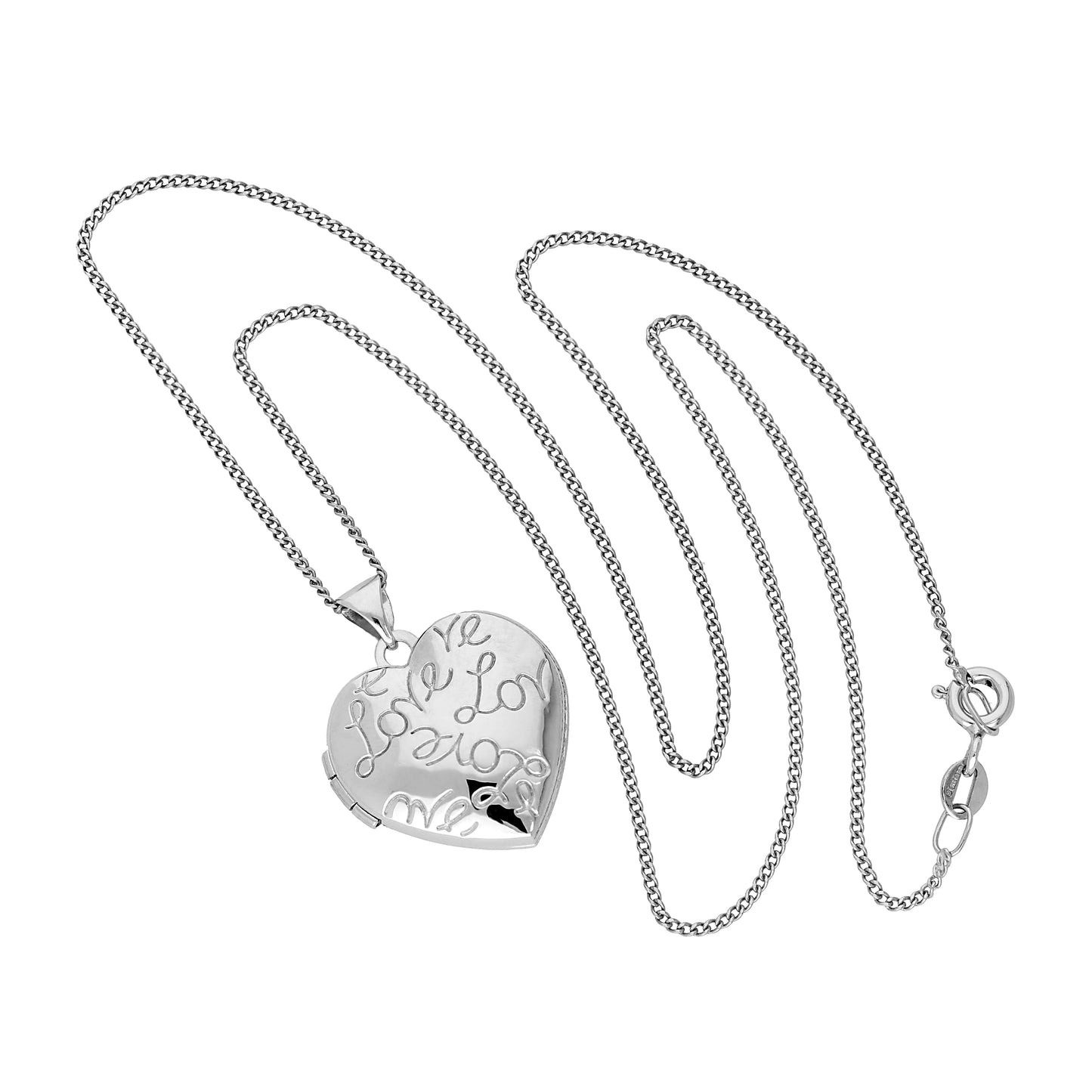 9ct White Gold Heart Love Locket on Chain 16 - 18 Inches