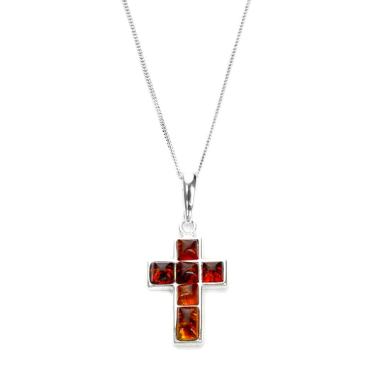 Sterling Silver & Baltic Amber Cross Pendant - 14 - 32 Inches