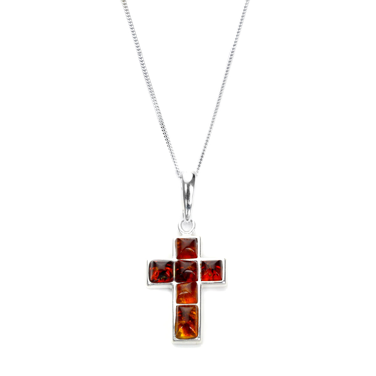 Sterling Silver & Baltic Amber Cross Pendant - 16 - 22 Inches