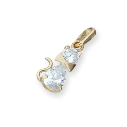 9ct Gold & Clear CZ Crystal Cat w Bow Collar Charm