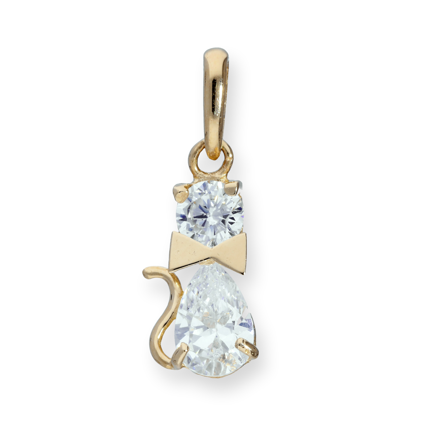 9ct Gold & Clear CZ Crystal Cat w Bow Collar Charm