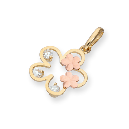 9ct Gold & Clear CZ Crystal Flower Outline w Rose Gold Flowers Charm