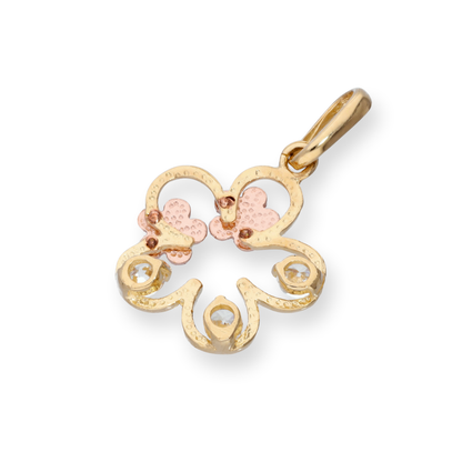 9ct Gold & Clear CZ Crystal Flower Outline w Rose Gold Flowers Charm