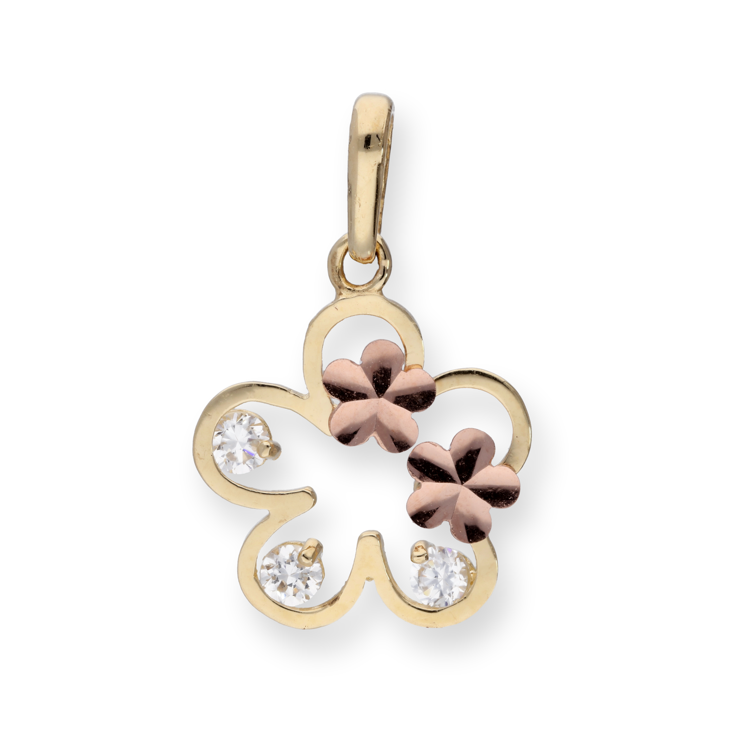9ct Gold & Clear CZ Crystal Flower Outline w Rose Gold Flowers Charm