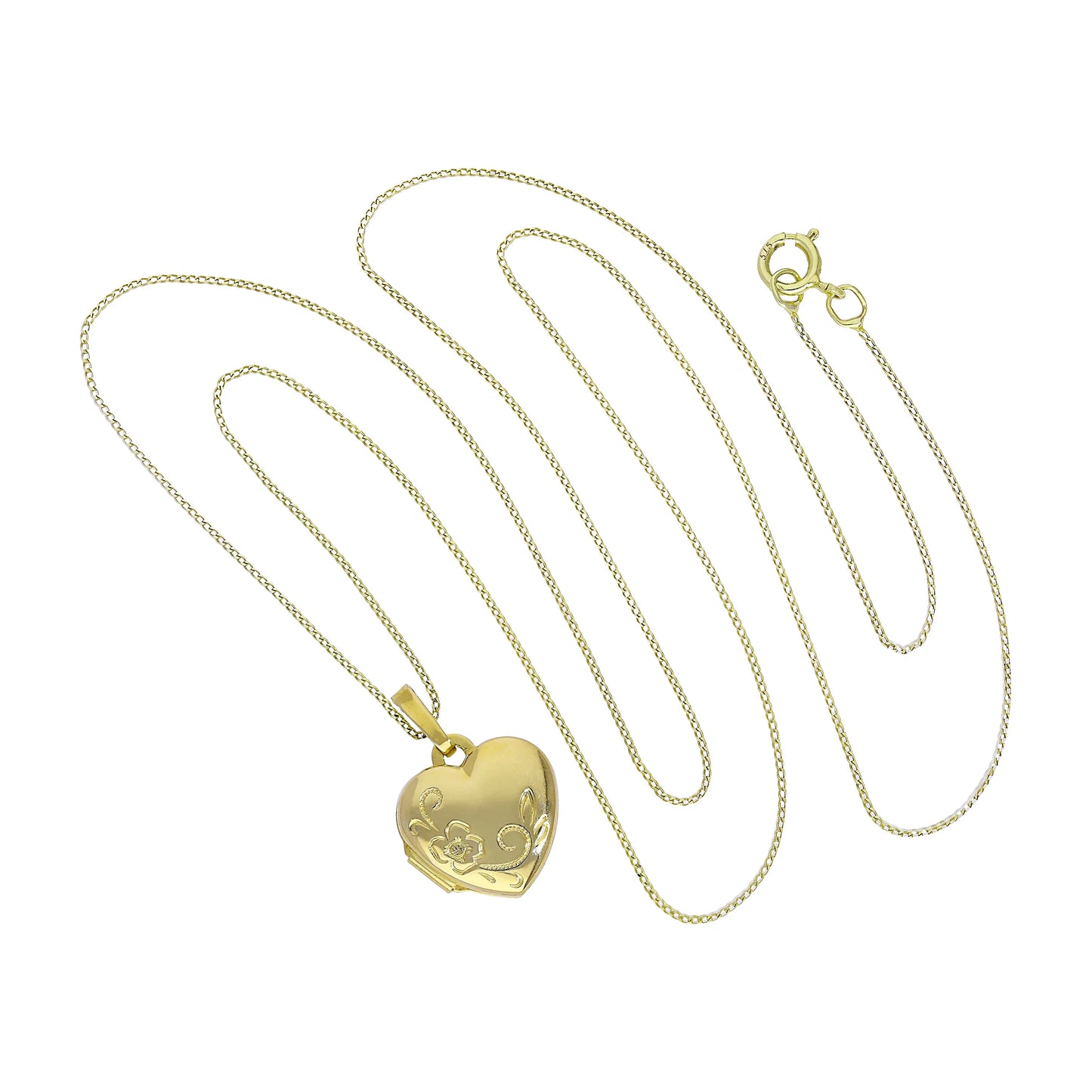Small 9ct Gold Engravable Heart Locket with Floral Design on Chain 16-20 Inches