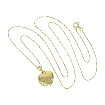 Small 9ct Gold Engravable Heart Locket with Floral Design on Chain 16-20 Inches