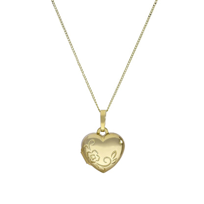 Small 9ct Gold Engravable Heart Locket with Floral Design on Chain 16-20 Inches