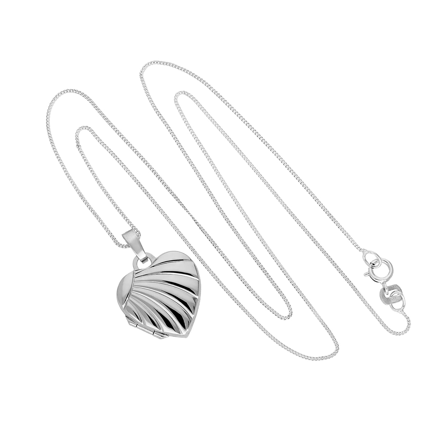 9ct White Gold Heart Locket on Chain with Rays of Sunlight Design 16 - 18 Inches