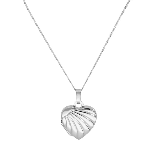 9ct White Gold Heart Locket on Chain with Rays of Sunlight Design 16 - 18 Inches