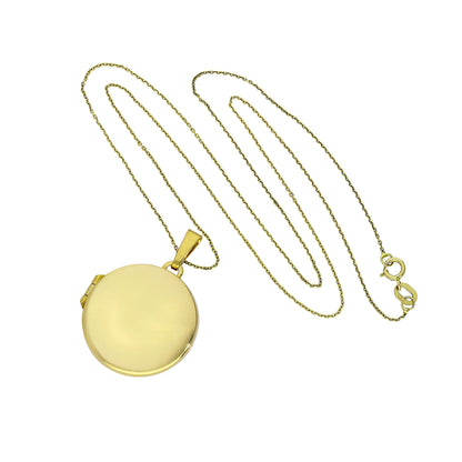 Large 9ct Gold Engravable Round Locket on Chain 16 - 20 Inches