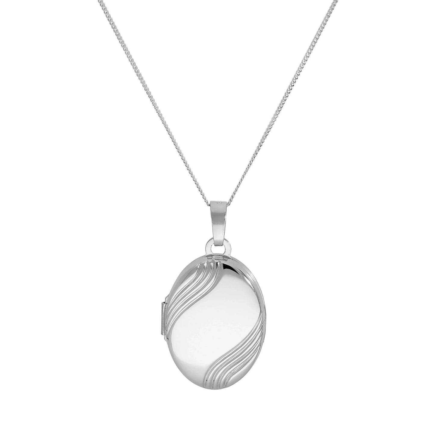 9ct White Gold Engravable Oval Locket with Wavy Design on Chain 16 - 18 Inches