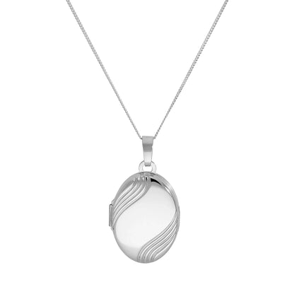 9ct White Gold Engravable Oval Locket with Wavy Design on Chain 16 - 18 Inches