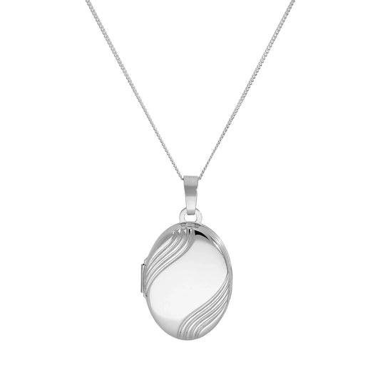9ct White Gold Engravable Oval Locket with Wavy Design on Chain 16 - 18 Inches