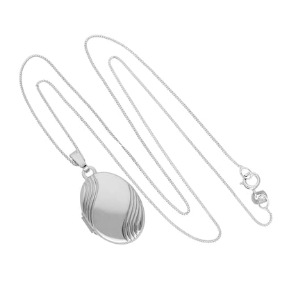 9ct White Gold Engravable Oval Locket with Wavy Design on Chain 16 - 18 Inches