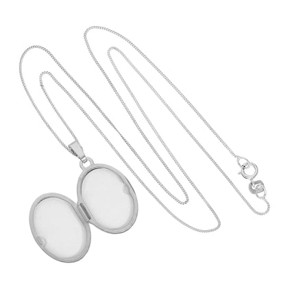9ct White Gold Engravable Oval Locket with Wavy Design on Chain 16 - 18 Inches