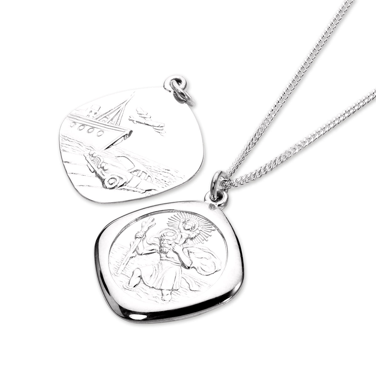 Sterling Silver Large Reversible Square Saint Christopher Pendant Necklace 16 - 24 Inches