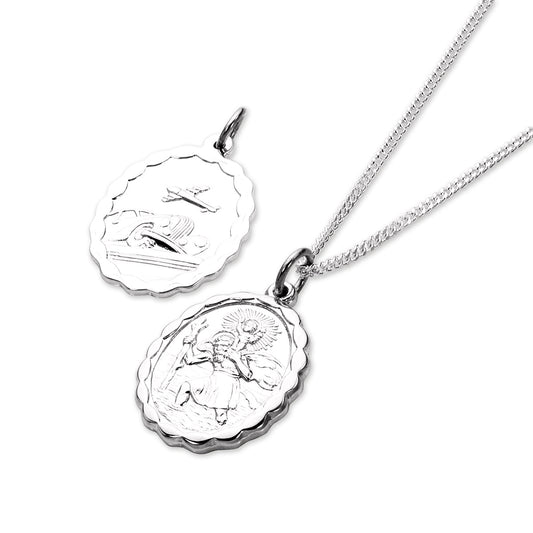 Sterling Silver Reversible Oval Saint Christopher Pendant Necklace 16 - 24 Inches
