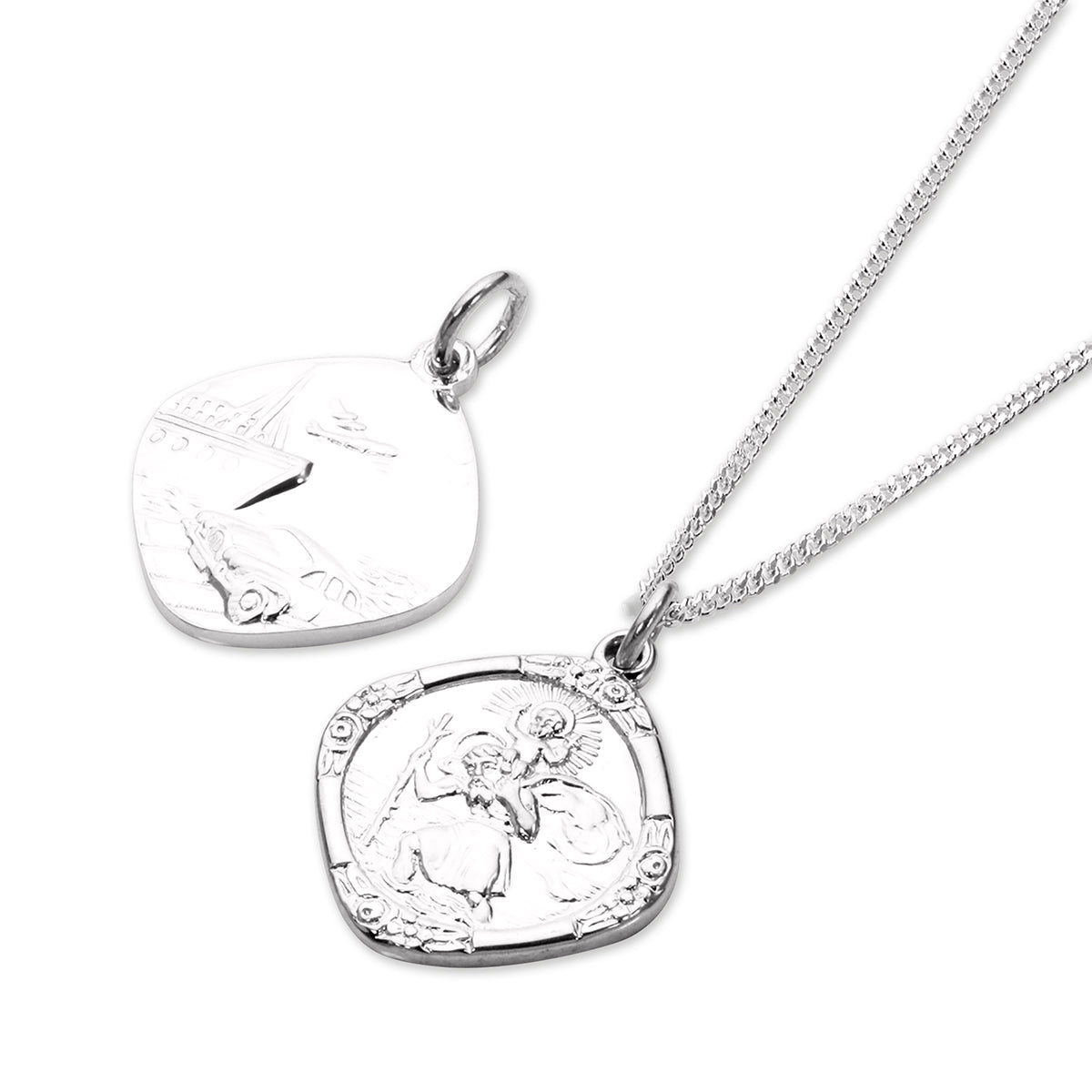 Sterling Silver Medium Reversible Square Saint Christopher Pendant Necklace 14 - 32 Inches