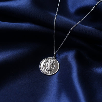 Sterling Silver Large Round Saint Christopher Pendant Necklace 16 - 24 Inches