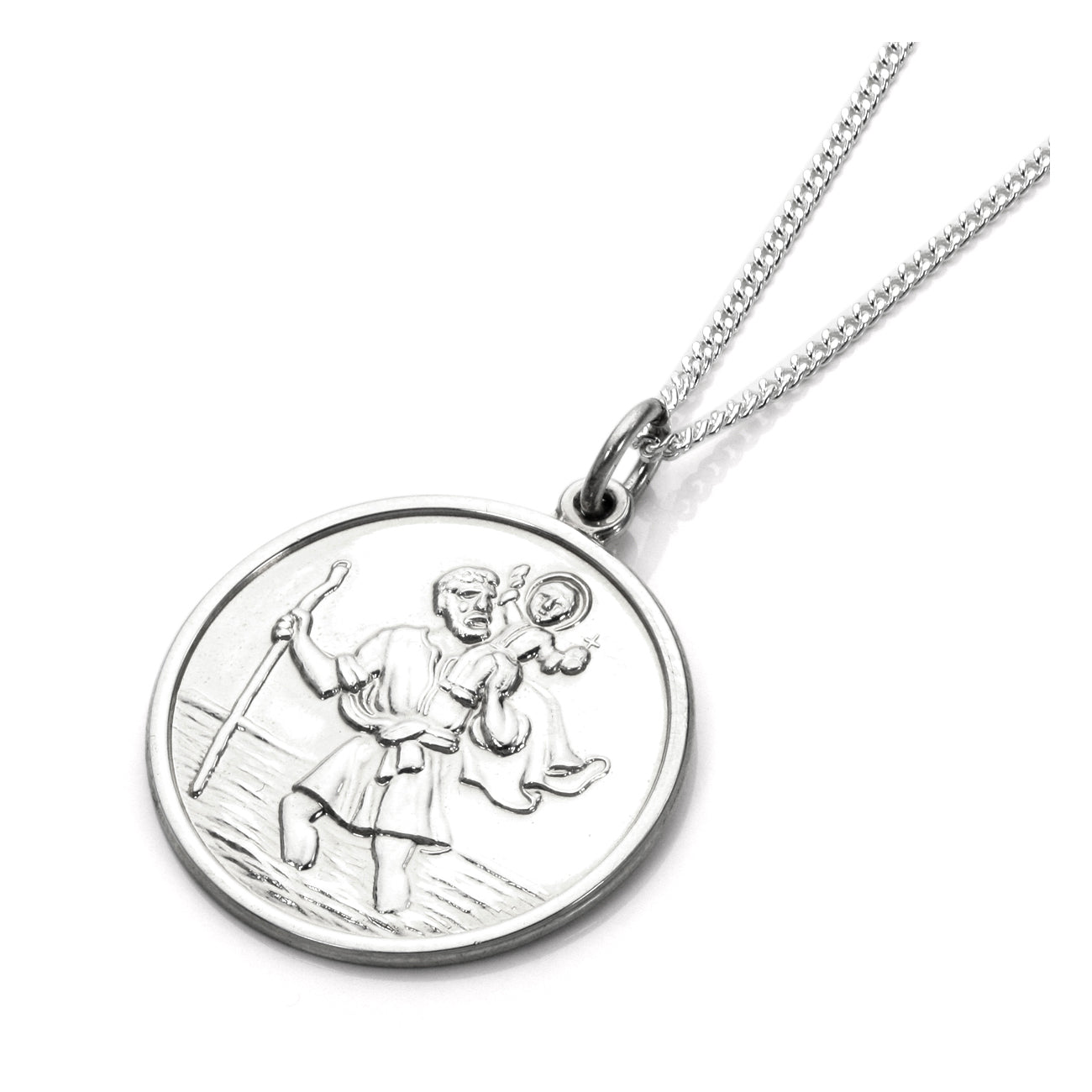 Sterling Silver Large Round Saint Christopher Pendant Necklace 16 - 24 Inches