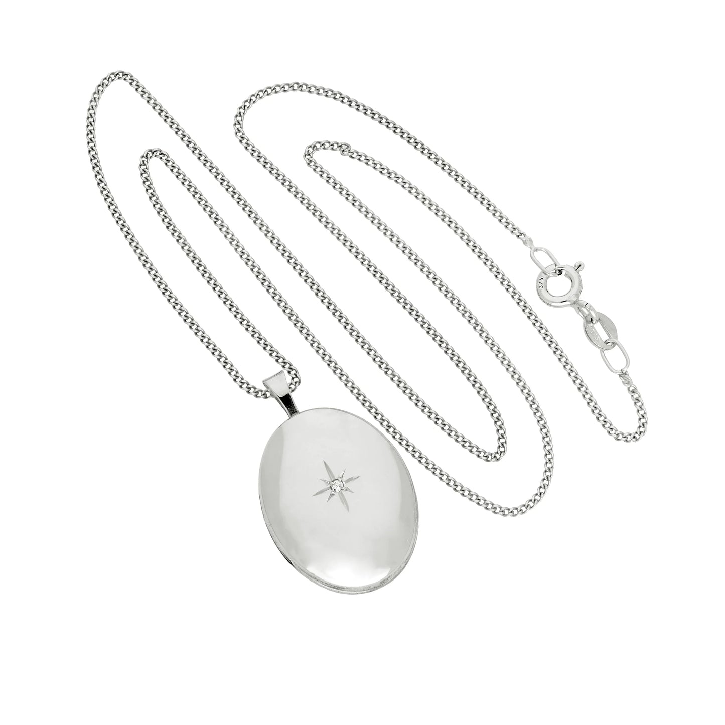 9ct White Gold & Diamond Oval Locket with Shining Star Design 16 - 18 Inches