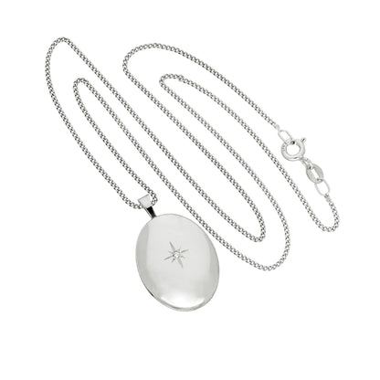 9ct White Gold & Diamond Oval Locket with Shining Star Design 16 - 18 Inches