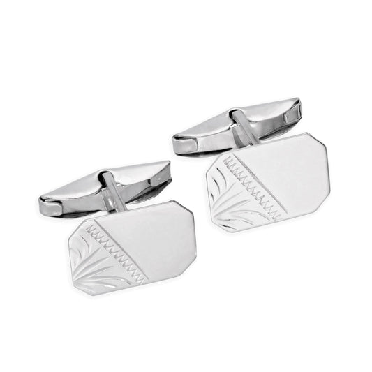 9ct White Gold Engraved Octagonal Swivel Back Cufflinks