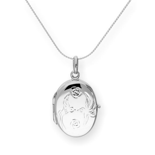 Sterling Silver Oval Locket w Kissing Lovebirds & Roses on Chain 16 - 22 Inches